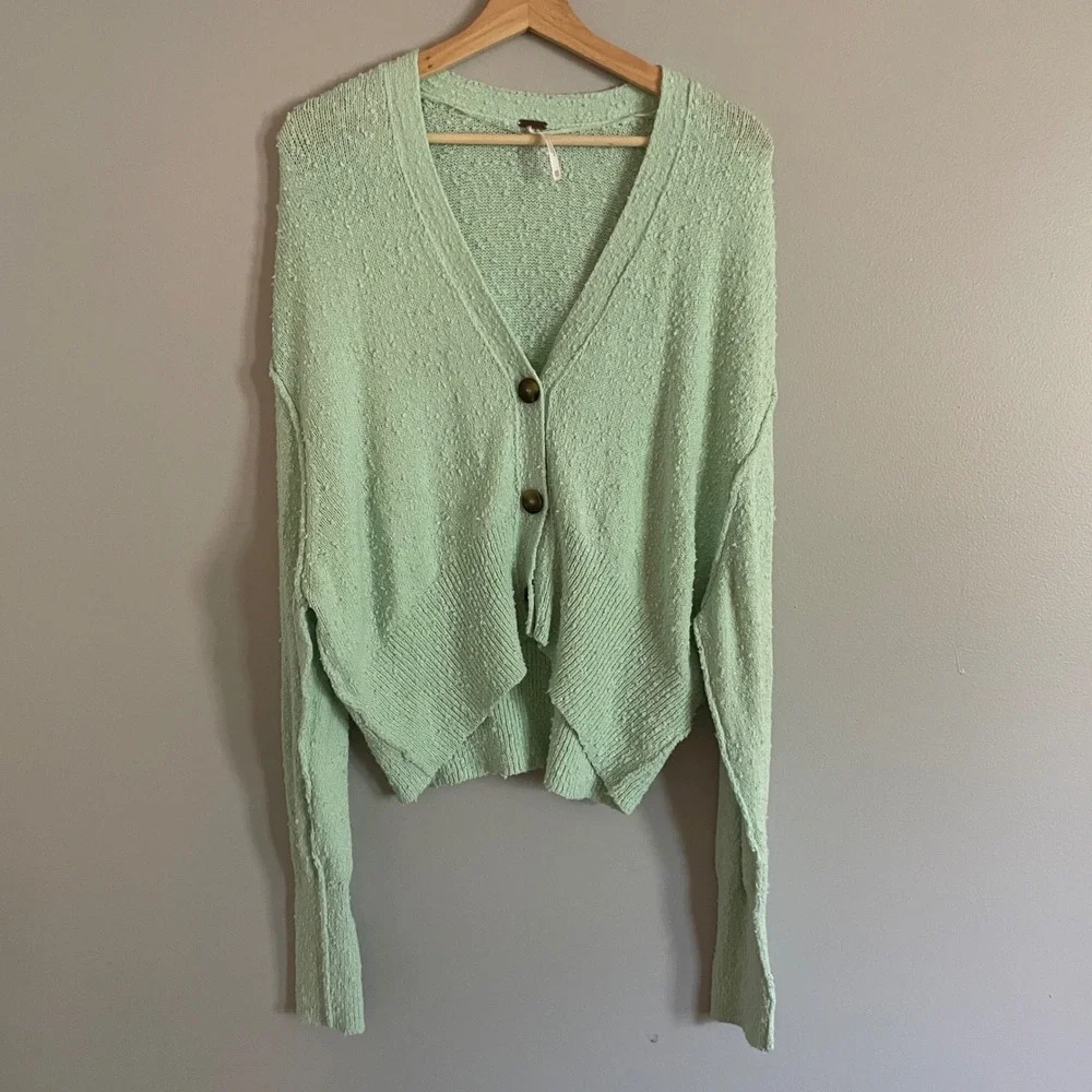 Free People Cardigan Womens XS Mint Green Textured Knit V-Neck Boho Sweater